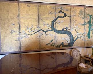 $5000. Japanese six panel folding screen, Edo. Attributed to the 19th century. Condition includes an approximately 11 inch tear to the far right panel along with several visible historic restorations most apparent in darker toned areas of the composition. 150"w x 69"h