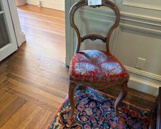 Antique chair with wool upholstery seat - a kilim look.