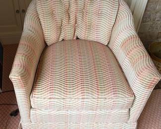 Baker swivel armchair with sun fading on the arms from protective covers. Chair is 27 1/2 inches wide by 26 inches deep by 28 inches high protective covers gone.