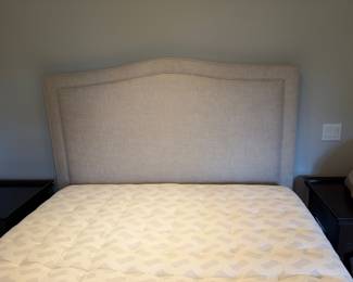 Queen headboard with linen upholstery. Headboard is 64 inches wide by 9 inches deep by 60 inches high at the peak sold with sealy performancemattress.