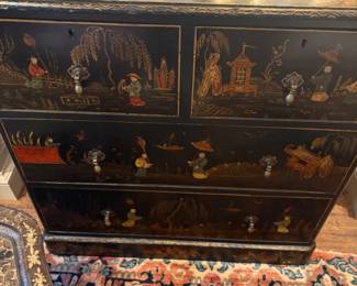 $3000. Antique English chinoiserie chest with five drawers. Heal and Son Furniture Company, London. Circa 19 century. 36 inches wide by 20.5 inches deep by 32 inches high.