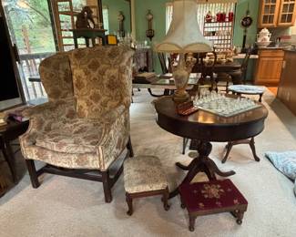 Wing back arm chair, side table, lamps, chess set 