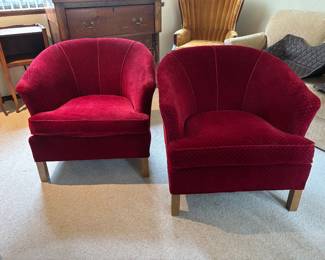 Pair of red velvet deco arm chairs 