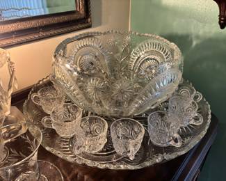 Crystal punch bowl cups & platter