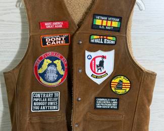 SUEDE LEATHER VEST W PATCHES US NAVY POW MIA BIKER
