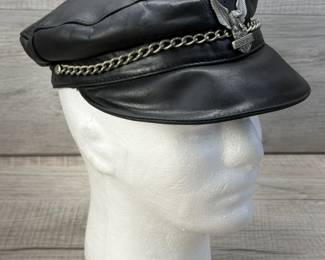 BLACK LEATHER FLAT TOP BIKER CAP WITH CHAIN & HARLEY DAVIDSON PIN