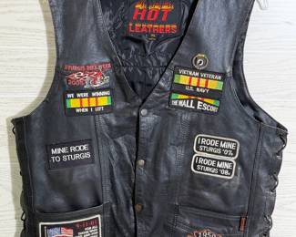 LEATHER VEST W PATCHES STURGIS US NAVY VIETNAM BIKER