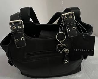 Apostrophe Black Faux Leather Tote Bag with Heart Charm