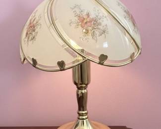 Floral Etched Glass and Brass Touch Table Lamp
