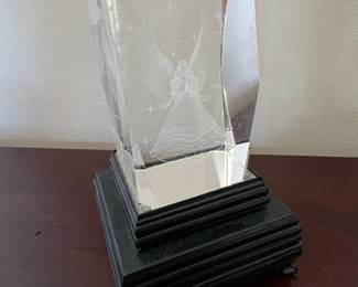3D Laser Etched Crystal Angel Figurine on Wooden Base