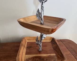 Two-Tiered Wooden Serving Stand with Metal Leaf Accents