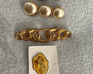 Assorted Brooches: Cabochon, Faux Pearl, Chain Link, and Enameled Cherub