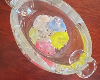 Vintage Joe St Clair Glass Ashtray with Applied Flowers
