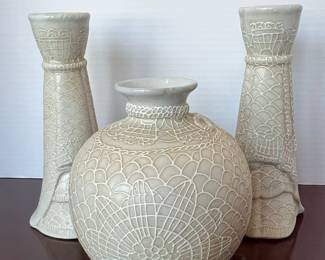 Lace-Embossed Ceramic Vase and Candlestick Set