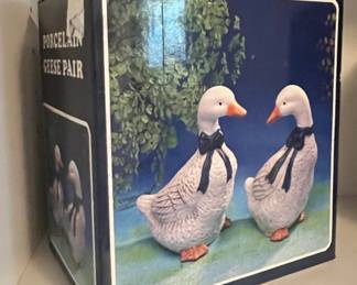 Porcelain Geese Pair Figurine with Black Bows