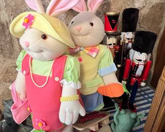 Easter Bunny Couple Plush Toys with Nutcracker Figurines