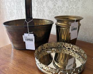 Vtg Brass Planter Basket, Mirrored Tray