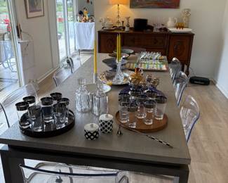 Large gray dining table with acrylic chairs (8), MCM glassware, Barware and more!