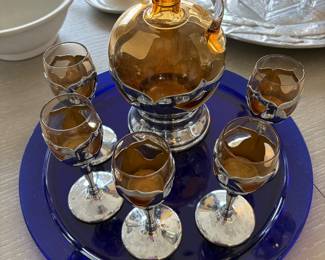 Art-deco barware and blue glass platter