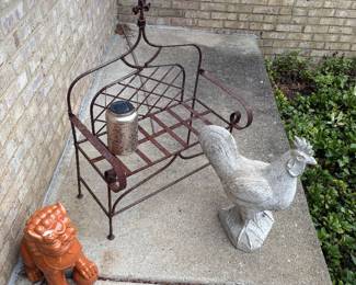 Cement rooster, metal plant bench, ceramic dragon