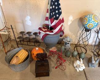 Orbs, metal yard art, aluminum drink container, bunnies and more!