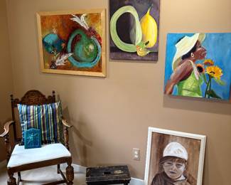 Acrylics on canvas, circa 1930's armchair and primitive step stool