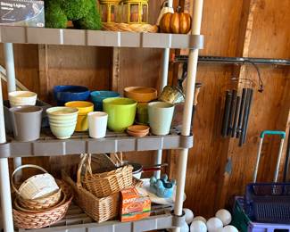 Planters, baskets, watering cans and plastic shelving