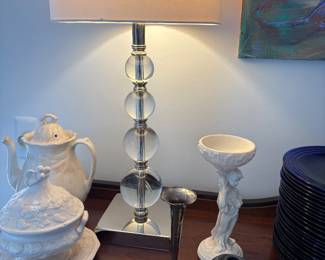 Acrylic lamp, antique Johnson Brothers stoneware, sterling vase and ceramic dish and vase