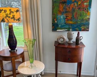 Unique side tables, large scale acrylic, ceramics, glass vase, lamp and hand-made wool area rug.