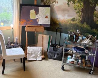 Artist haven: Wood floor easel, drop cloth, artist cart with brushes and more!