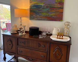 Circa 1920 sideboard - excellent condition, Acrylic, Antique Johnson Brothers Stoneware, blue glass plates and more!