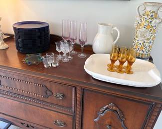 Blue glass dinner plates, aperitif glasses, glass coasters, Vintage stoneware vase and ceramic pitcher