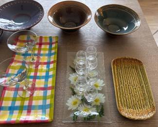 Pottery serving dishes, ceramics and glassware