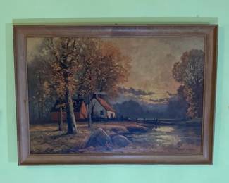 Vintage Robert Wood Autumn Cottage print And Pair Of Wood Sconces