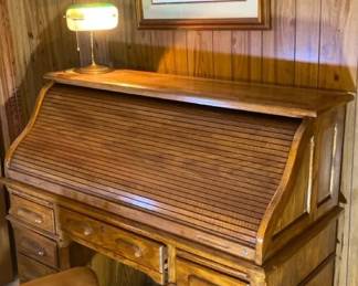 Wooden Rolltop Desk With Lamp  Signed Print