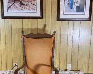 Vintage Rocking Chair With Large Wood Framed Signed Pictures By Mel Stutter