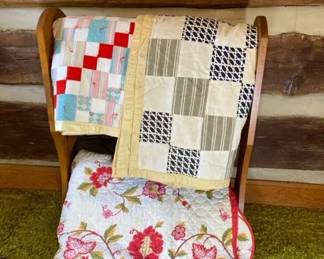 Three Quilts And Wooden Quilt Stand