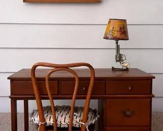 005 Mastercraft Vintage Desk, Wooden Chair Original Art Work, Rare Vintage Hubley Western Lamp,