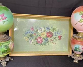 Vintage Hand Painted Floral Electric Oil Lamp And Vintage Floral Art Framed Needlepoint Picture