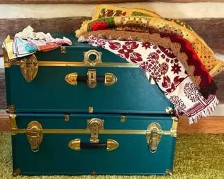 Two Vintage Teal Storage Trunks, 3 Blankets 2 Are Crocheted, 2 Pair Of Gloveshankerchiefs