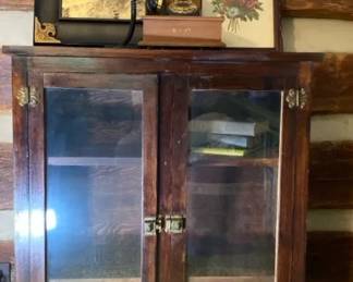 Vintage Wooden Glass Door Bookcase, Bell Telephone Early American Phone , Elgin Clock And Floral Pro