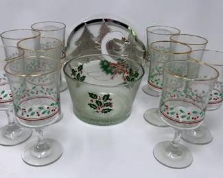 Arbys 1986 Holiday ChristmasCollection Swan Trivet, 10 Gold Rim Glasses, With Holiday Serving Bowl