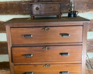 Antique Chest Of Drawers, Wooden Mirror Jewelry Box, Tole Style Lamp