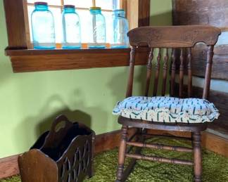 Vintage Wooden Rocking Chair, Wood Magazine Holder And Blue Ball  Atlas Jars