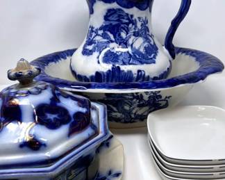 Blue And White Ceramic Wash Picture And Basin Serving Plates Ironstone Staffordshire England