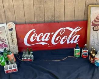 003 Vintage Large Metal Cocacola Sign  Memorabilia  Rare 64 Oz Glass Bottles  Mtn. Dew  Pepsi 