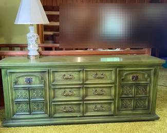 Green Chest Of Drawers With Green Floral Lamp