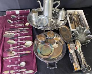 Silver Plated And Pewter Oval And Round Serving Platters with accessorie