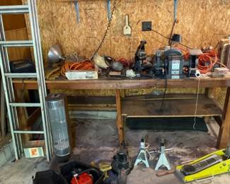 Jegs Hydraulic Fooor Jack  Homelite Chainsaw  Sears 12 HP Grinder And Other Shop And Lawn Tools
