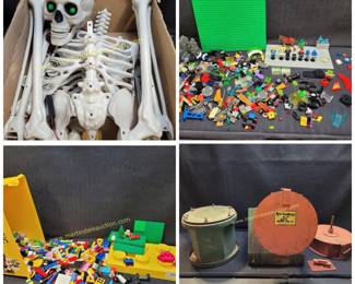 Vintage rock tumbler, legos, skeleton 